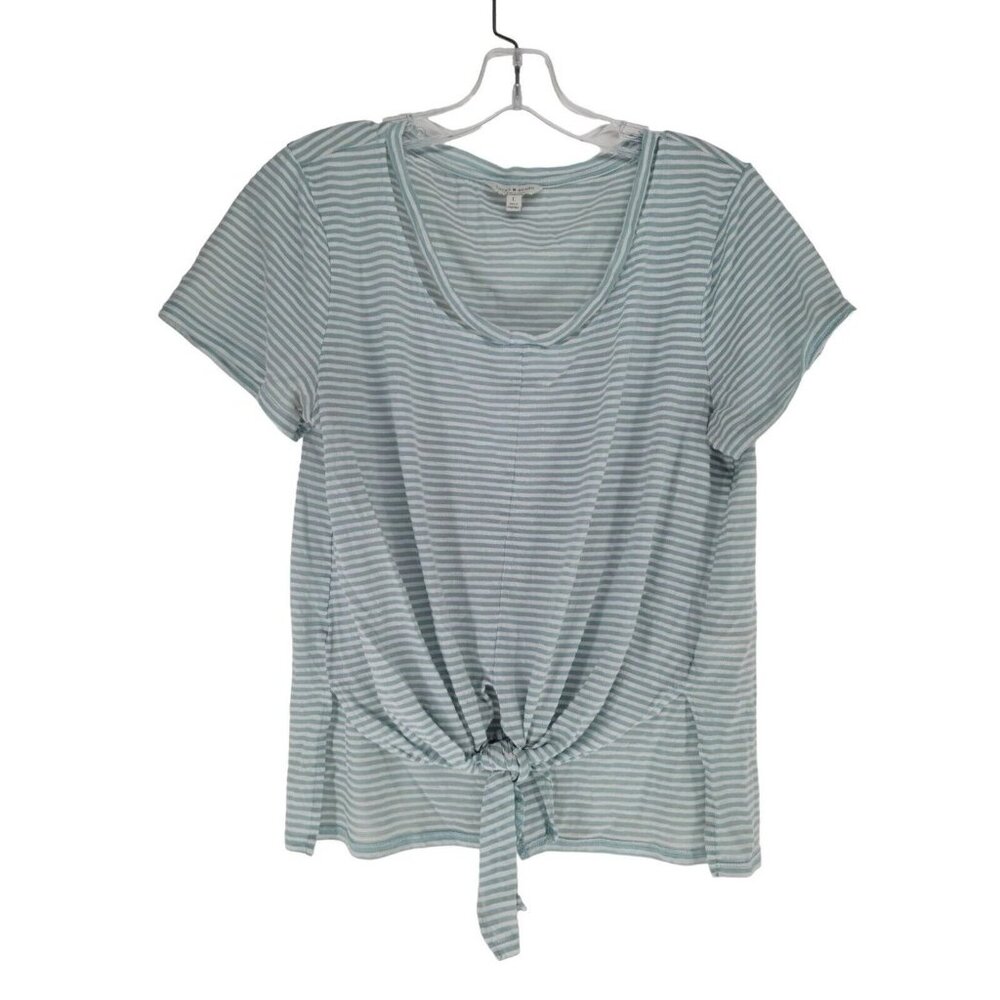 Lucky Brand Large Women's  T-Shirt Striped Blue and White Shadow Neck Knot front
